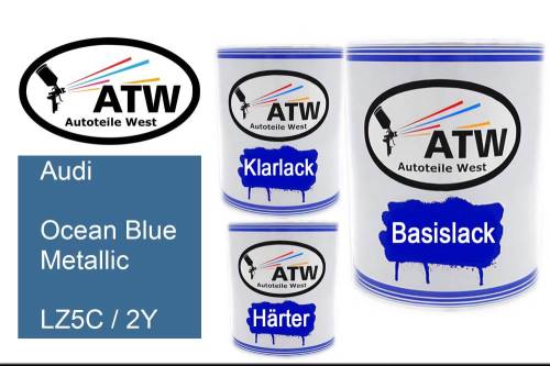 Audi, Ocean Blue Metallic, LZ5C / 2Y: 1L Lackdose + 1L Klarlack + 500ml Härter - Set, von ATW Autoteile West.